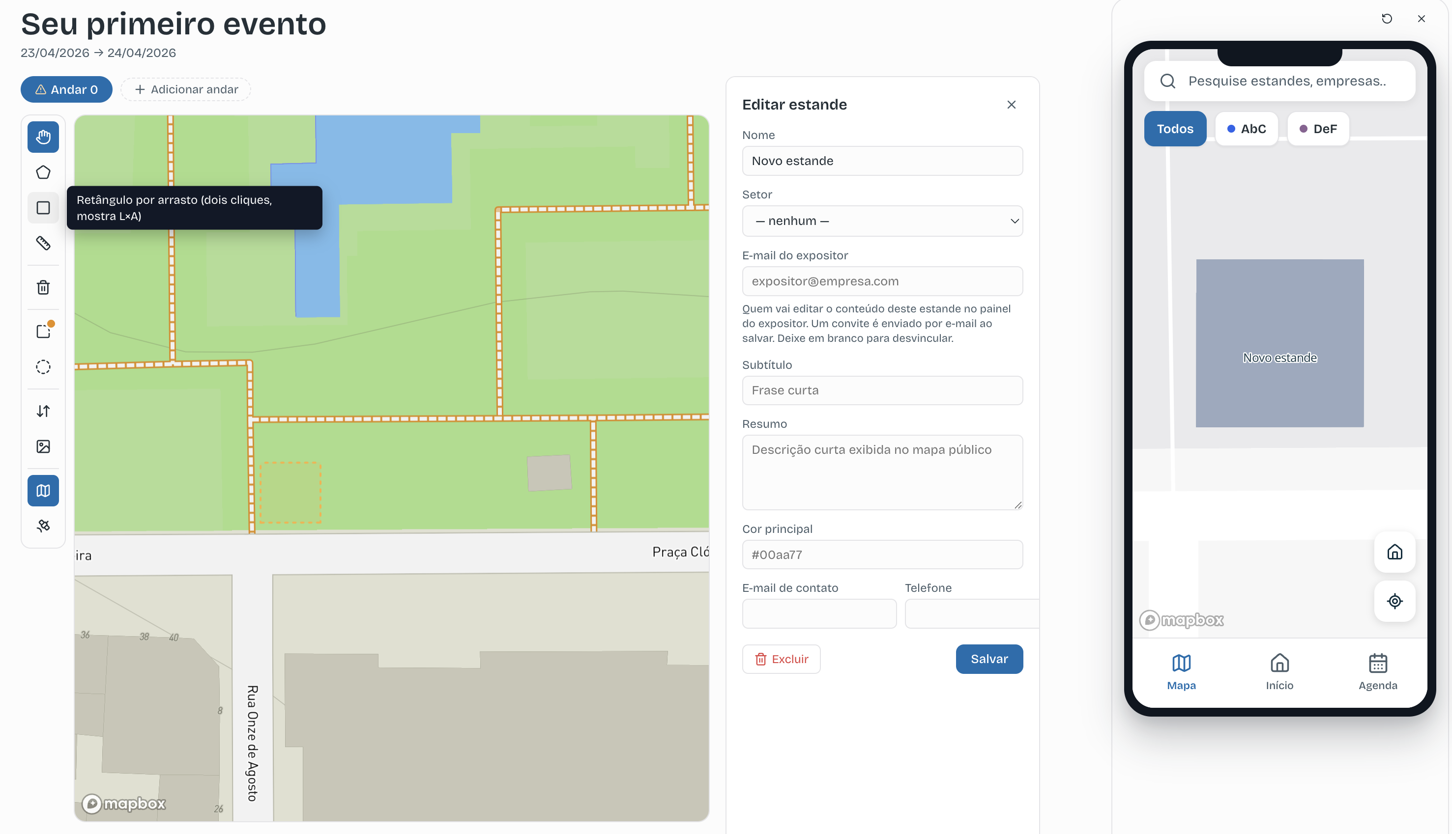 Editor de mapas do evento com um estande recem criado com a ferramenta de retângulo, e um preview em tempo real do lado direito.