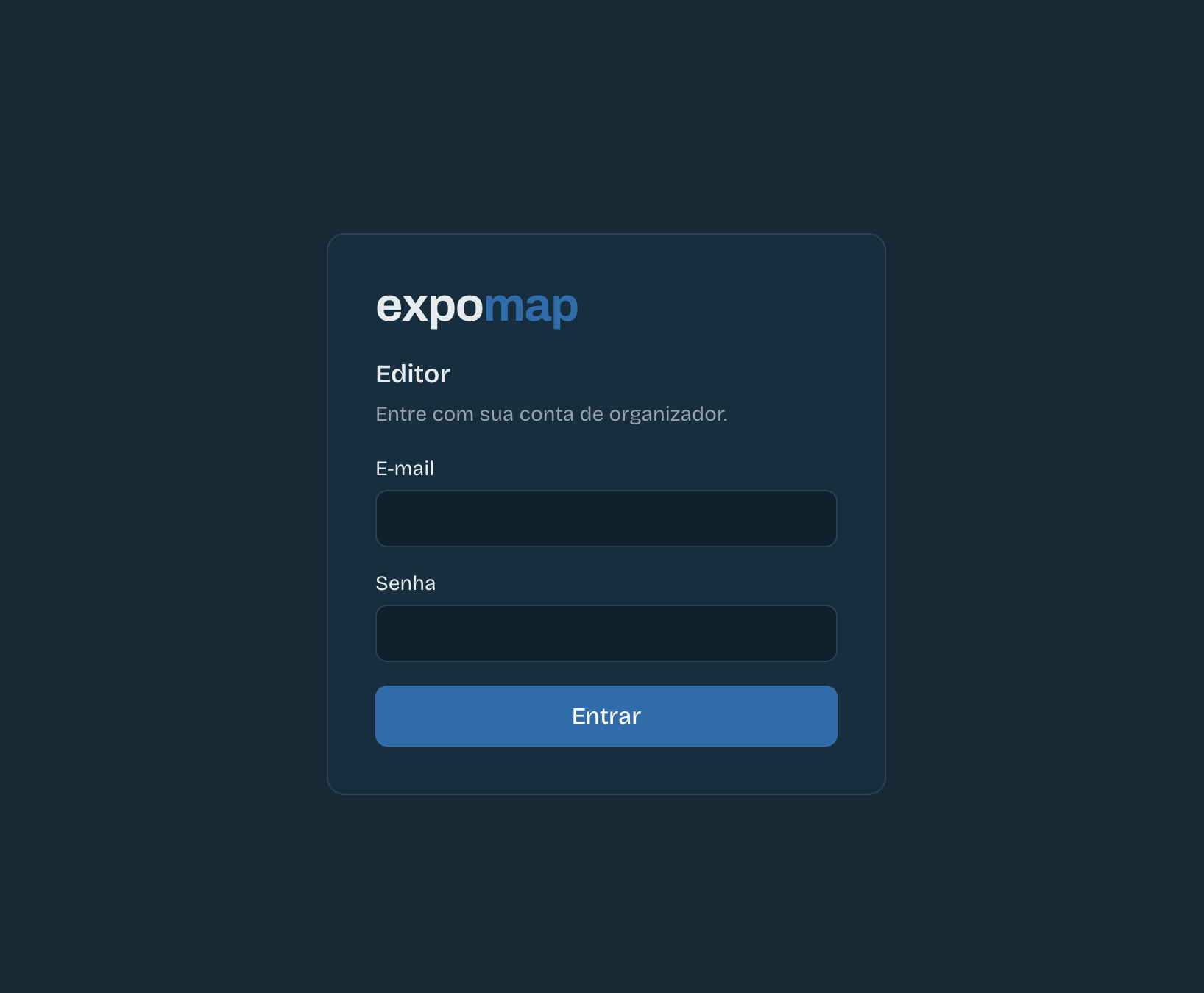 Tela de login do editor de mapas, onde o usuário deve fazer login com seu email e senha definidas no momento da aquisição do pacote.