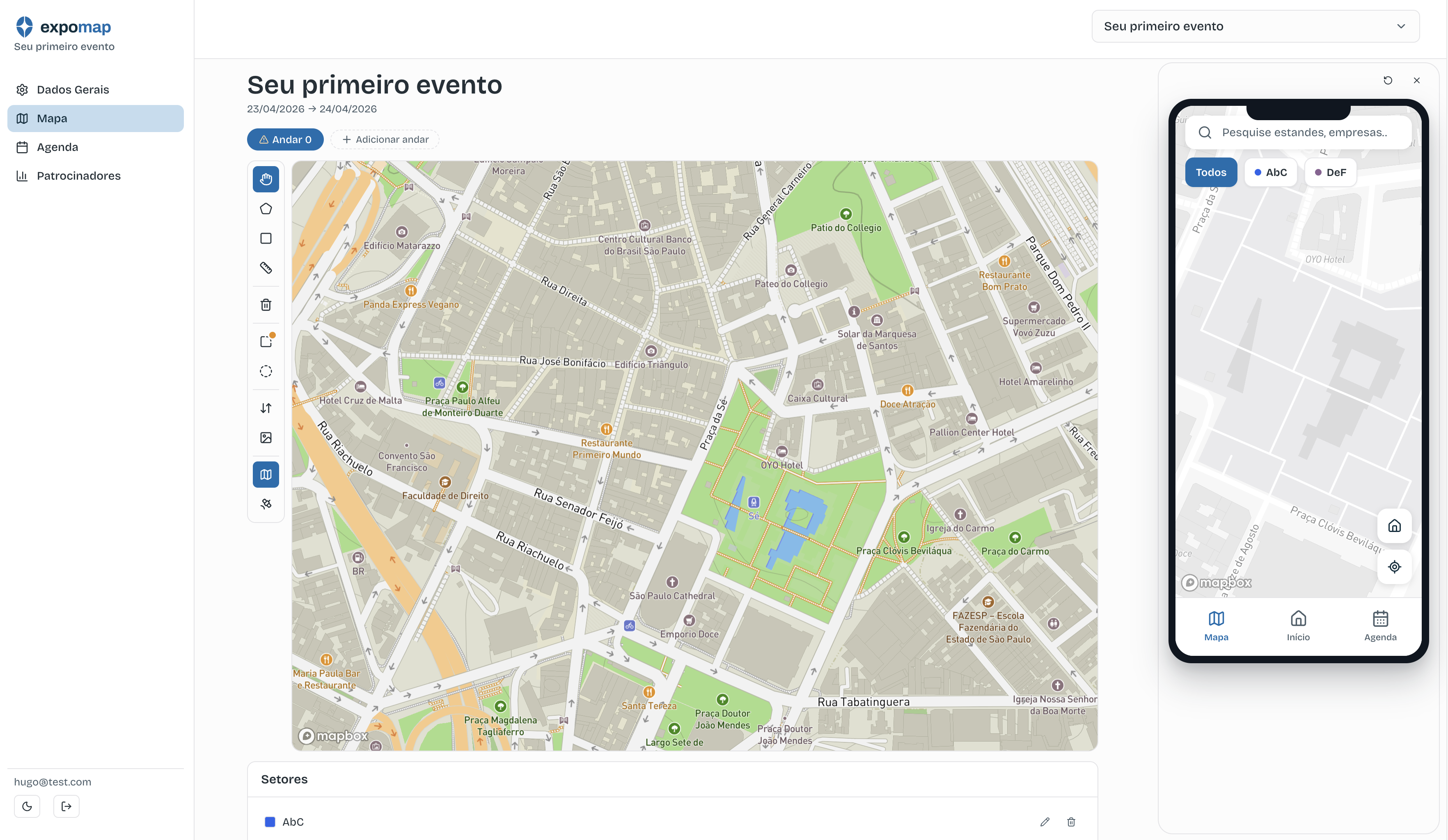 Aba de mapa no editor do evento, onde o usuário pode marcar estandes e outros elementos no mapa através da barra de ferramentas ou menus inferiores.