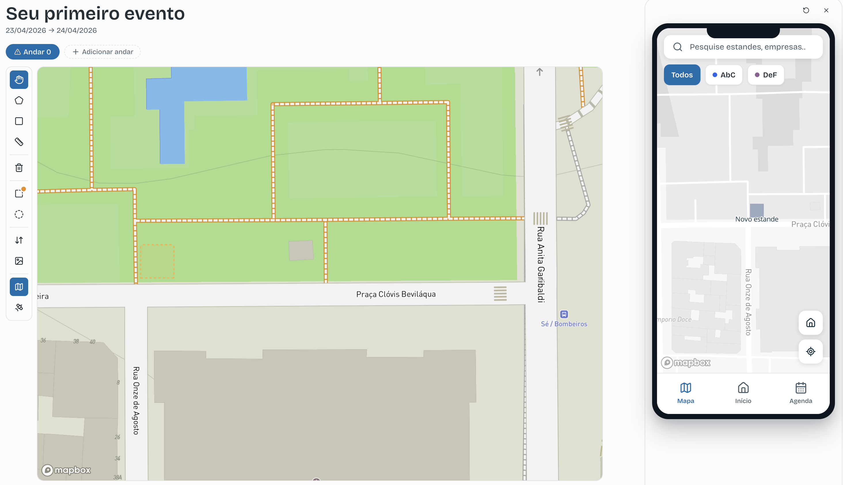 Editor de mapas do evento com o preview em tempo real aberto do lado direito.
